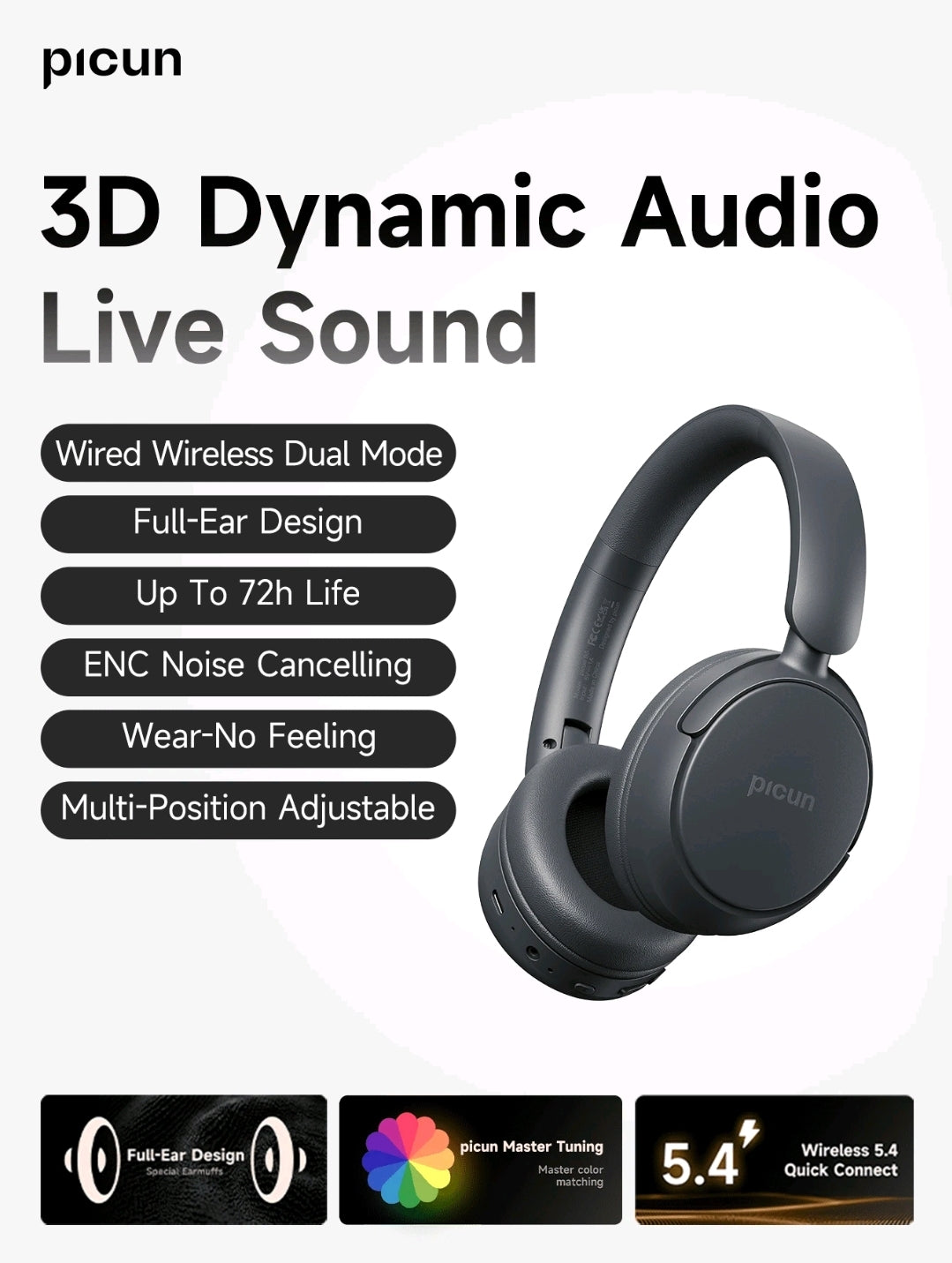 Picun Casque sans fil Picun B5, suppression du bruit d'appel ENC HD, audio dynamique 3D, double connexion, autonomie de 72 heures, pour PC mobile de bureau à domicile de voyage.