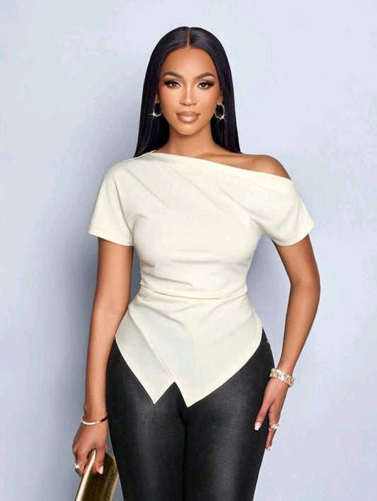 SOLERSUN Top T-Shirt à encolure asymétrique élégant et drapé pour femmes