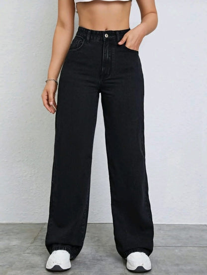 Jeans en denim délavé à taille haute ample et évasé, style décontracté