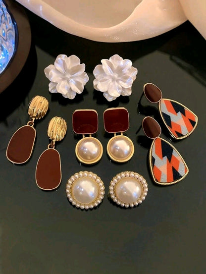 5 pièces/Set Boucles d'oreilles à clous carrées avec fleurs bordeaux émaillées et fausses perles