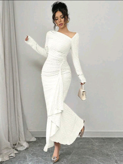 Elenzga Robe maxi élégante en tricot texturé de couleur unie à manches longues