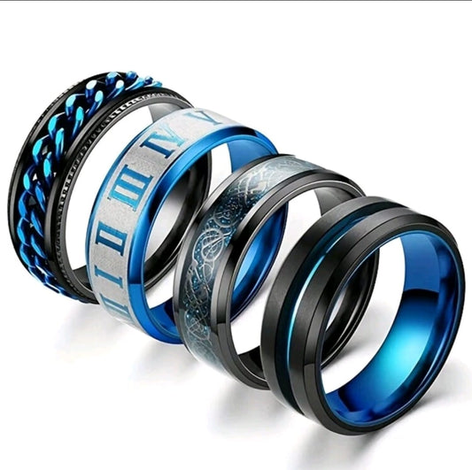 4 pièces Bague en acier inoxydable bleue à la mode pour homme, découpée, mate sablée, avec chaîne bleue rotative.