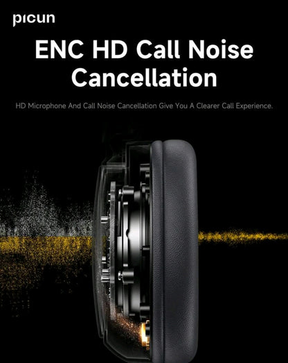 Picun Casque sans fil Picun B5, suppression du bruit d'appel ENC HD, audio dynamique 3D, double connexion, autonomie de 72 heures, pour PC mobile de bureau à domicile de voyage.