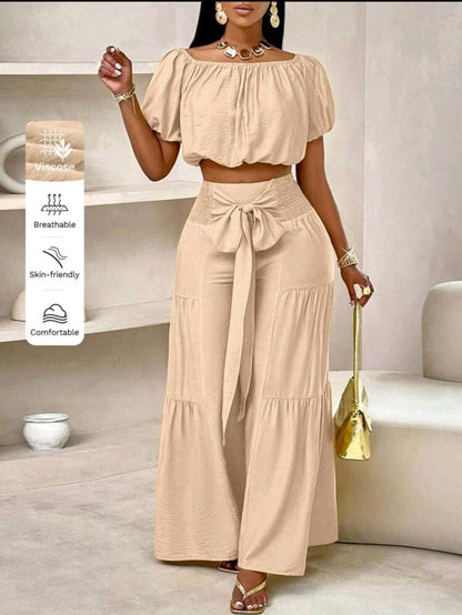 Ensemble de débardeur court à volants sans bretelles à manches bouffantes et pantalon large pour le style vacances d'été à la plage