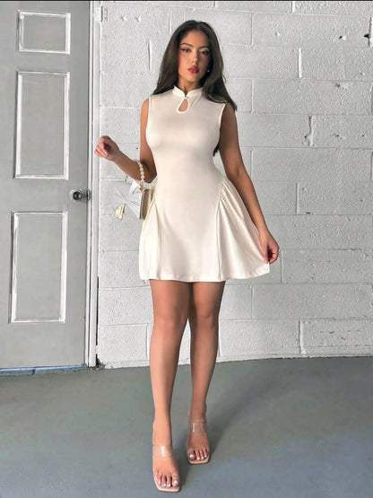Firerie Robe élégante et simple à col chinois évvidé sans manches plissée avec une coupe évasée. Convient pour le port quotidien, les vacances, couleur abricot