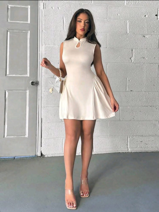 Firerie Robe élégante et simple à col chinois évvidé sans manches plissée avec une coupe évasée. Convient pour le port quotidien, les vacances, couleur abricot