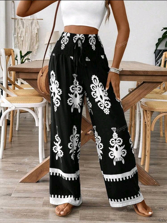 Pantalon large à taille élastique et à cordon pour femmes, avec imprimé floral aléatoire