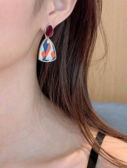 5 pièces/Set Boucles d'oreilles à clous carrées avec fleurs bordeaux émaillées et fausses perles