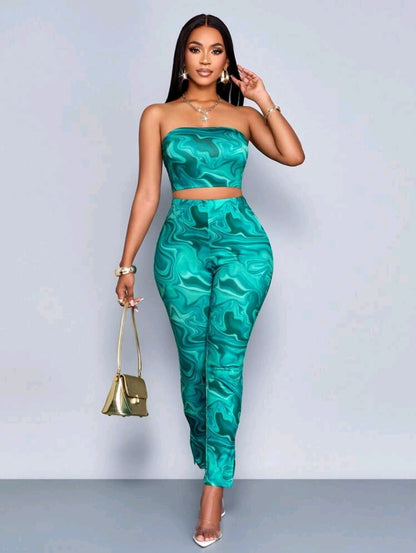 BamGleam Imprimé Marbré Top Bandeau & Legging