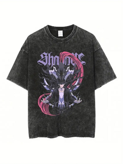 T-shirt graphique "Shaun" d'inspiration anime pour hommes de grande taille - Coton lavé noir