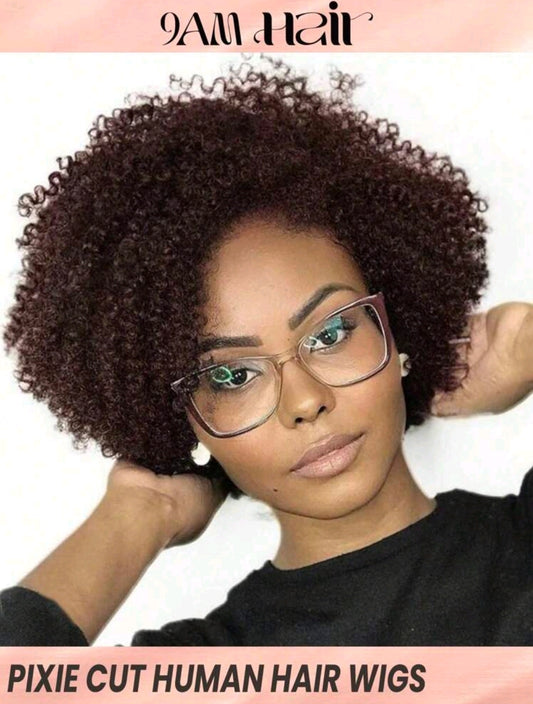Perruque court bouclé coupe lutin Perruque de cheveux humains 2# réel abordable cheveux Remplacement Perruque bon marché usage quotidien