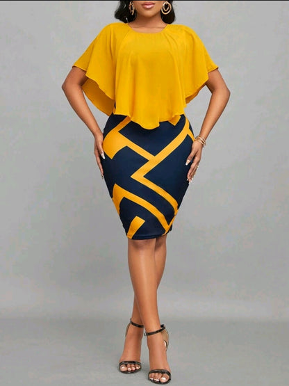 Robe de bureau élégante avec ourlet volant de patchwork à imprimé géométrique, pour femme, printemps & été jaune