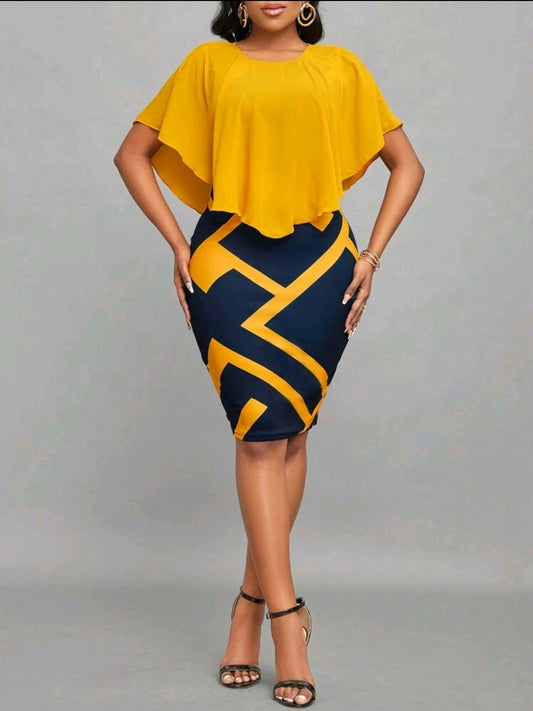 Robe de bureau élégante avec ourlet volant de patchwork à imprimé géométrique, pour femme, printemps & été jaune