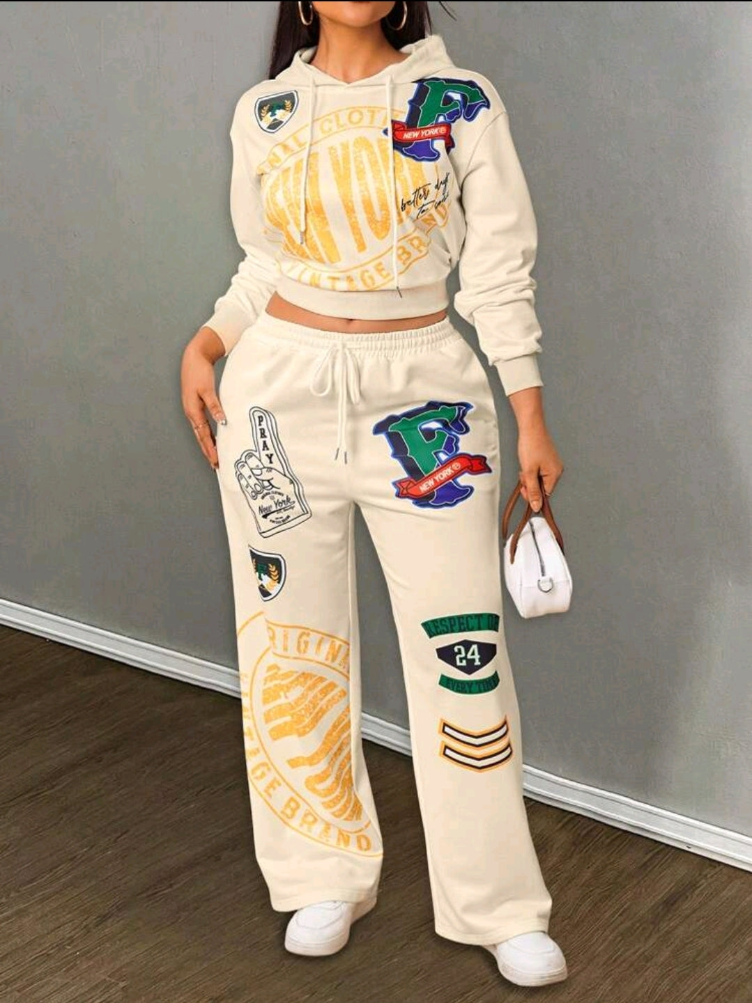 INAWLY 2 pièces Ensemble casual femme Top à capuche avec imprimé lettre et pantalon