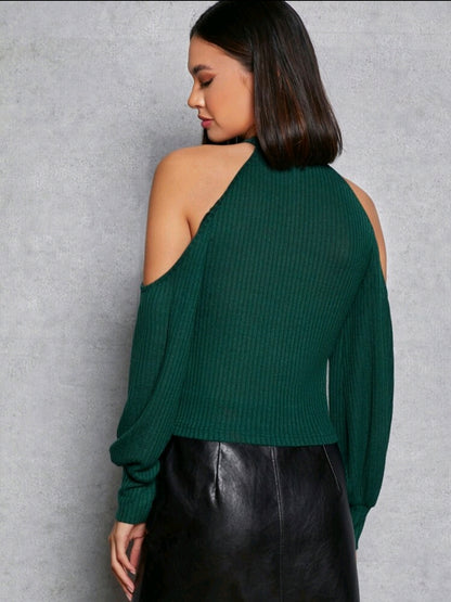 Firerie Top décontracté pour femme à encolure ronde, épaules dénudées, manches longues, de couleur unie