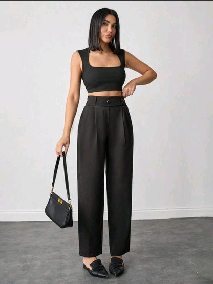 Pantalon ample taille haute couleur unie