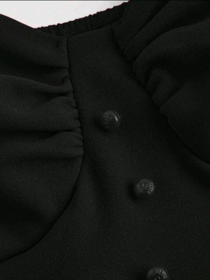 Robe noir à manches courtes pour femmes avec décorations plissées