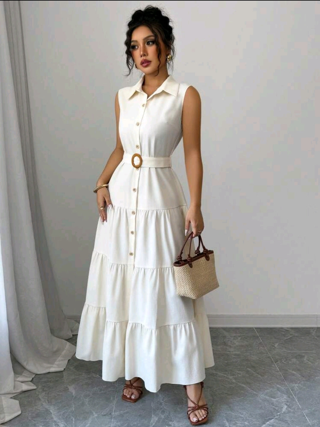 Elenzga Robe longue pour femmes avec col, boutons et ceinture