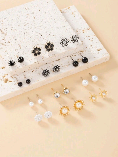 1 set de 12 paires de boucles d'oreilles à fleurs strass et perles fausses, pour femmes. Convient pour un port quotidien et comme cadeau pour la Saint-Valentin