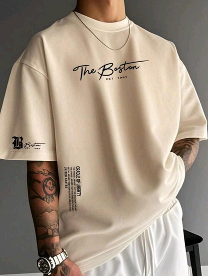 Manfinity Homme T-shirt décontracté à col rond et à manches courtes pour hommes avec lettre estampée pour l'été