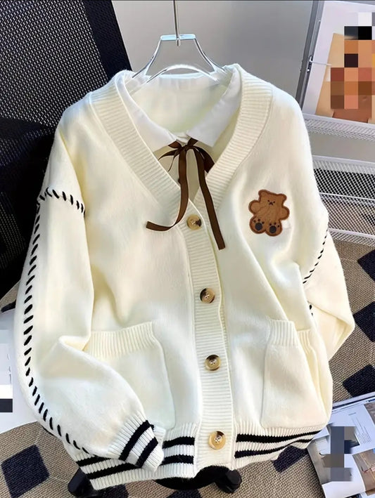 1pc Cardigan en tricot à col en V pour femme avec couleur contrastée et détail d'ours en peluche