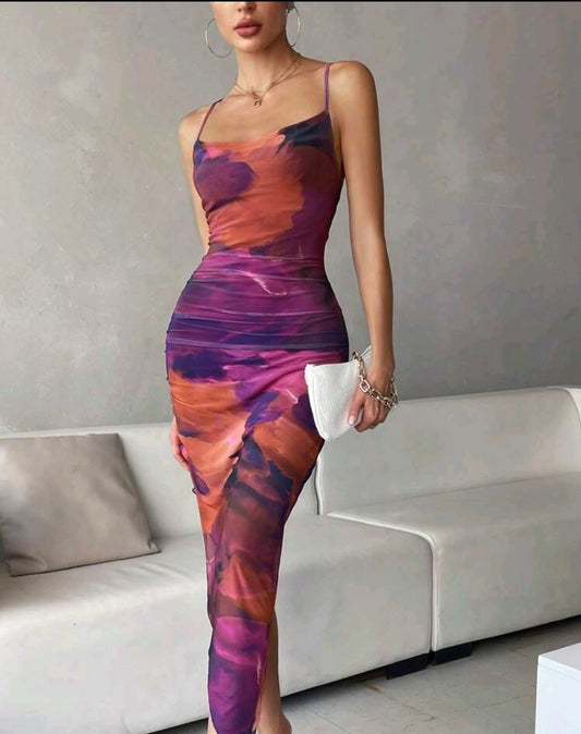 Allurite Robe de soirée d'été de luxe pour femmes, robe à col drapé avec imprimé tie dye, robe à bretelles fines et dos nu