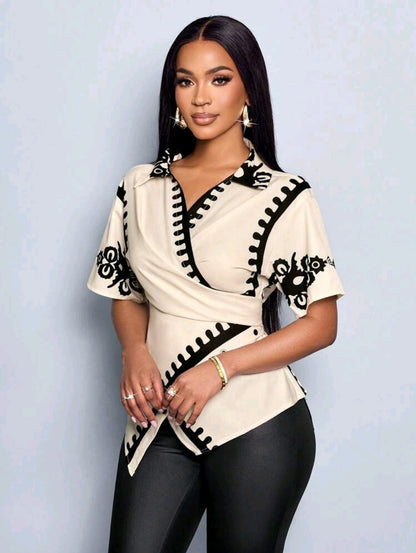 SOLERSUN Blouse élégante pour femmes avec manches chauve-souris, taille resserrée et imprimé, style croisé