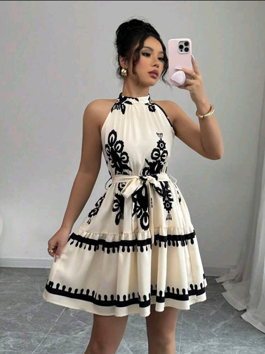 Elenzga Robe décontractée courte à col ras-du-cou avec imprimé floral, idéale pour les vacances