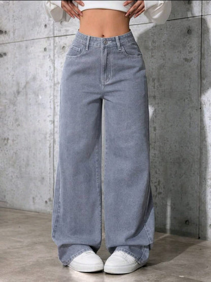 Jeans en denim délavé à taille haute ample et évasé, style décontracté