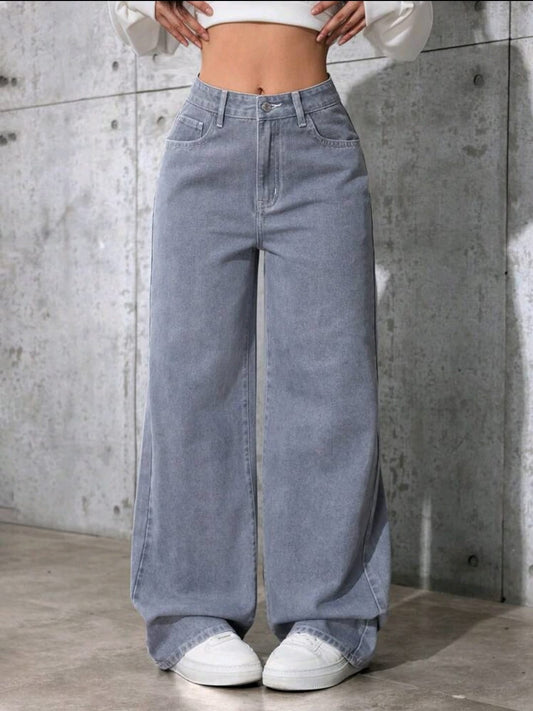 Jeans en denim délavé à taille haute ample et évasé, style décontracté