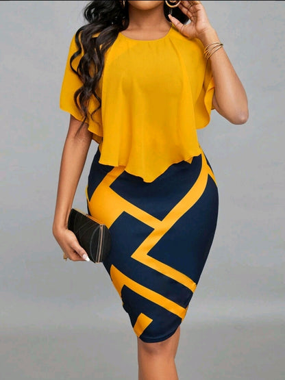 Robe de bureau élégante avec ourlet volant de patchwork à imprimé géométrique, pour femme, printemps & été jaune