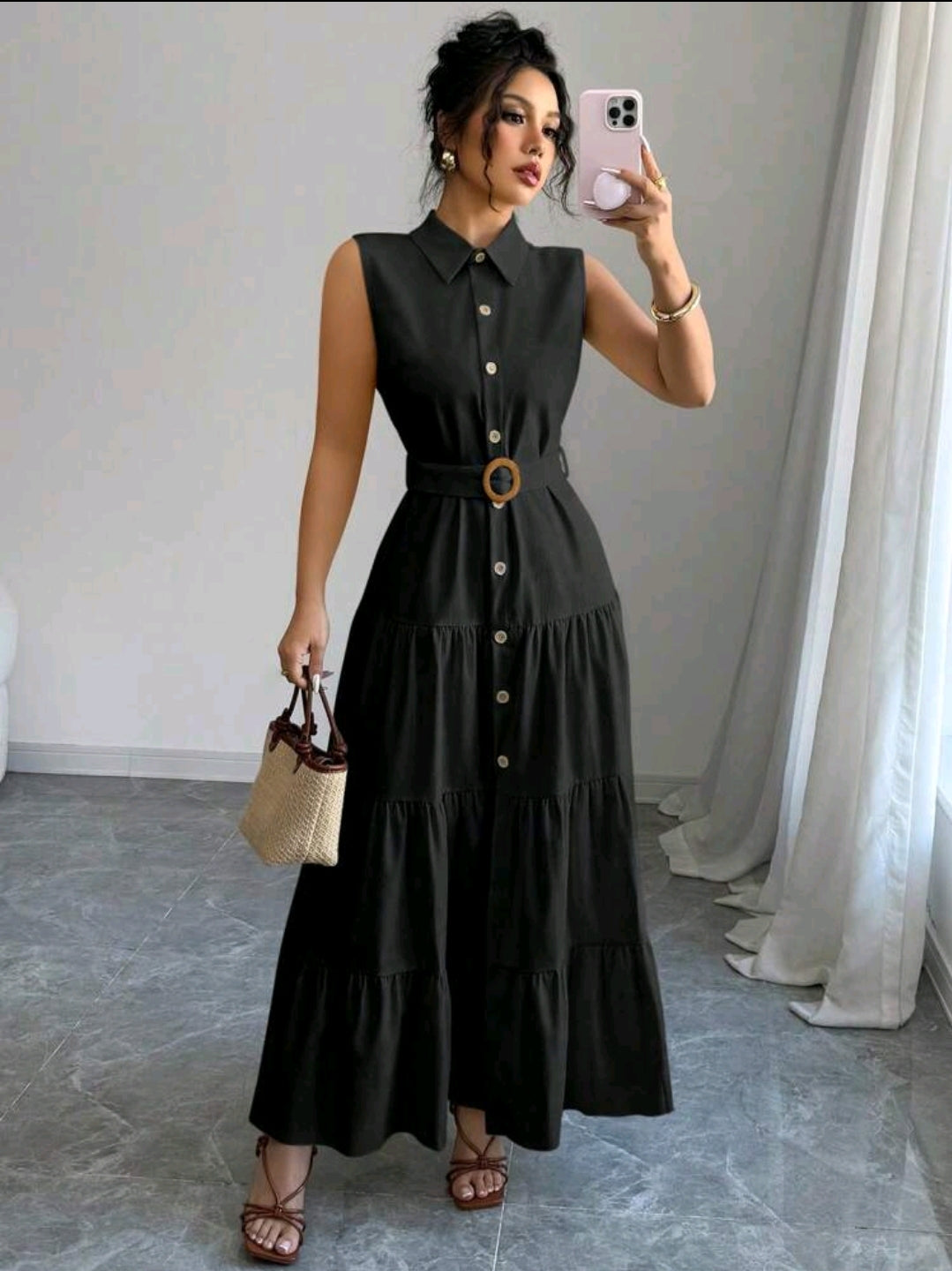 Elenzga Robe longue pour femmes avec col, boutons et ceinture