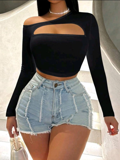 Zolique T-shirt femme à col asymétrique, design avant creux, sexy